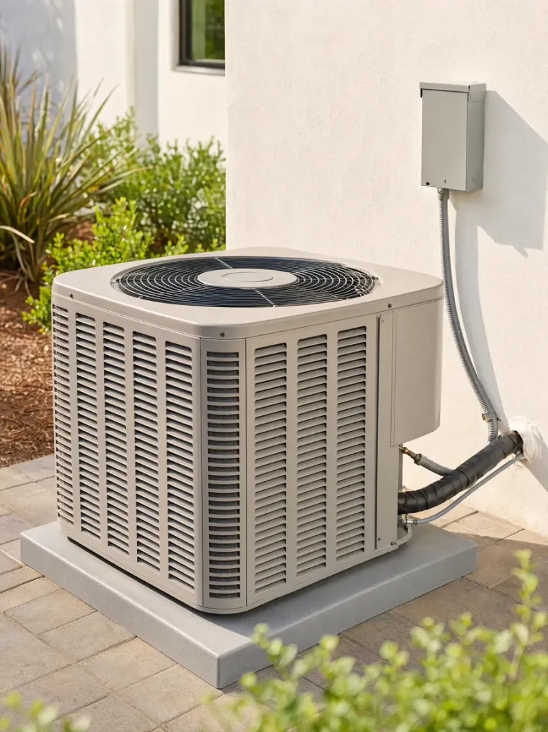Split-system air conditioner condenser installed on a concrete pad