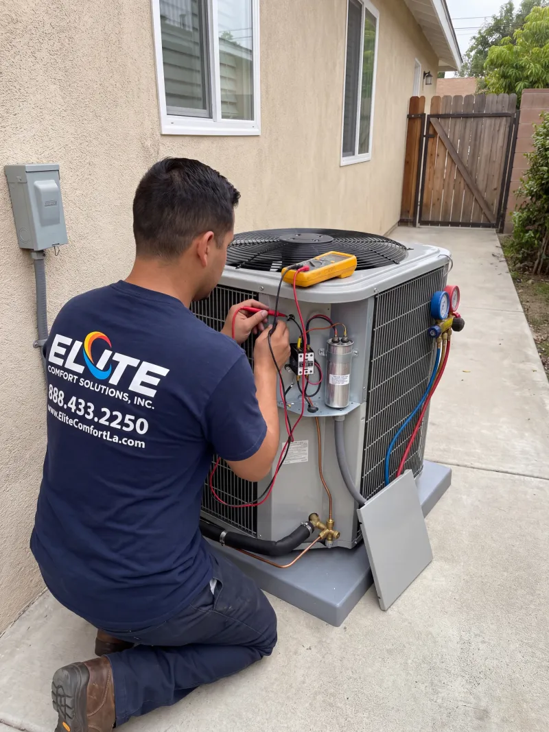 Elite Comfort Solutions technician testing an air conditioner capacitor with a multimeter during an AC repair