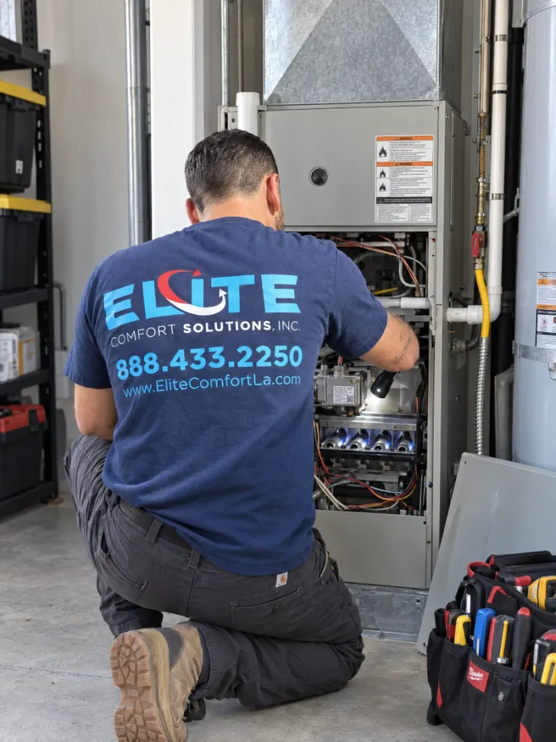 Elite Comfort Solutions technician inspecting the burners of a gas furnace during a heating tune-up