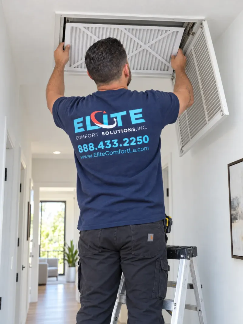 Elite Comfort Solutions technician installing a new pleated air filter in a ceiling return grille