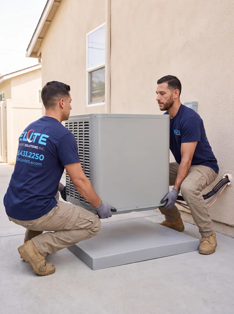 Two Elite Comfort Solutions technicians setting a new air conditioner condenser on its pad