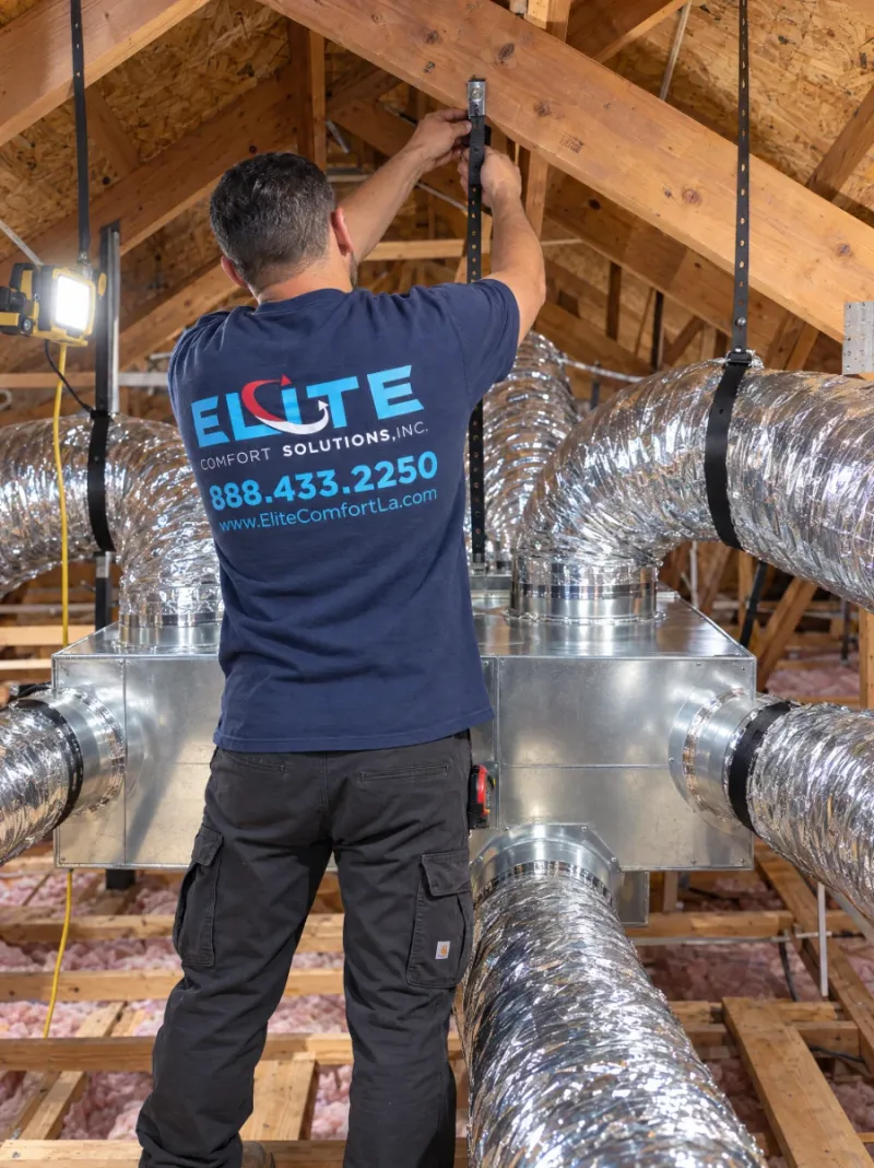 New insulated ductwork and supply plenum installed by Elite Comfort Solutions in a Los Angeles attic