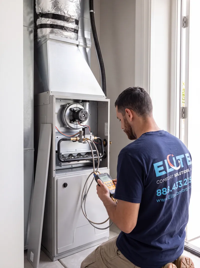 Elite Comfort Solutions technician checking gas pressure on a newly installed gas furnace